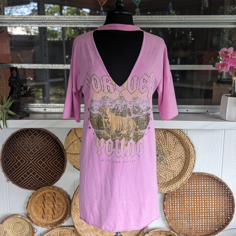 Missguided 2 Pink Vintage Band Tee Mini Dress Forever Young Choker Cut Out Vneck - Picture 5 of 11